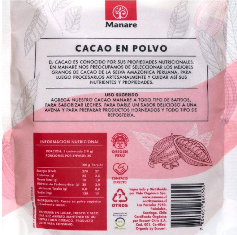 Cacao Polvo Org Raw 200 Gr Manare Aldea Nativa