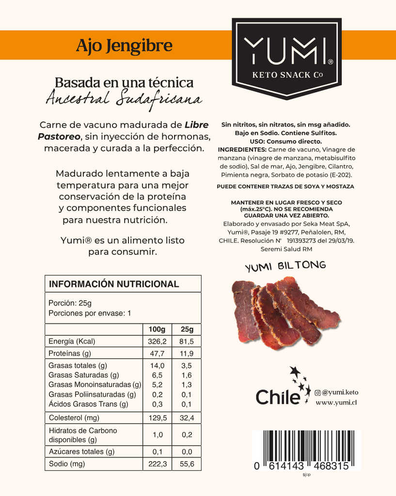 Snack Keto de Vacuno Ajo Jengibre 25 GR YUMI