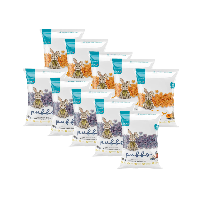 Pack 12 Puffs mix platano zapallo - manzana arandano 10 GR KUNA FOODS