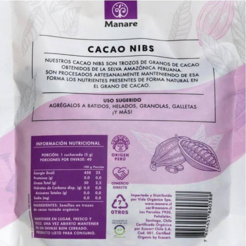 Cacao Nibs Org Raw Manare 200 Gr - MANARE - Aldea Nativa