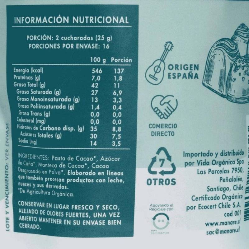 Cobertura Chocolate Orgánica 70% Manare 400 Gr - MANARE - Aldea Nativa