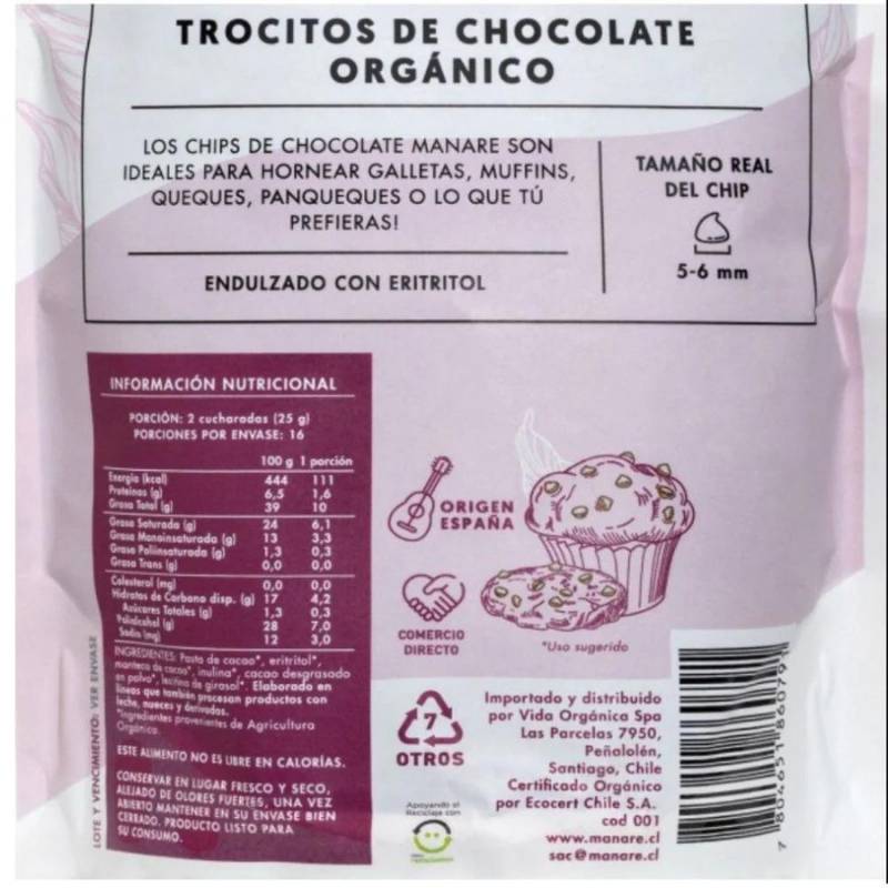 Chips Chocolate Sin Azucar 62% Cacao Org Manare 400 Gr - MANARE - Aldea Nativa