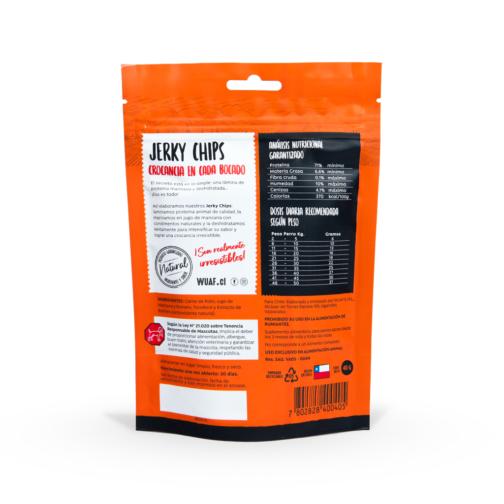 Snack para Perros Jerky Chips Pollo Romero Wuaf 40Gr
