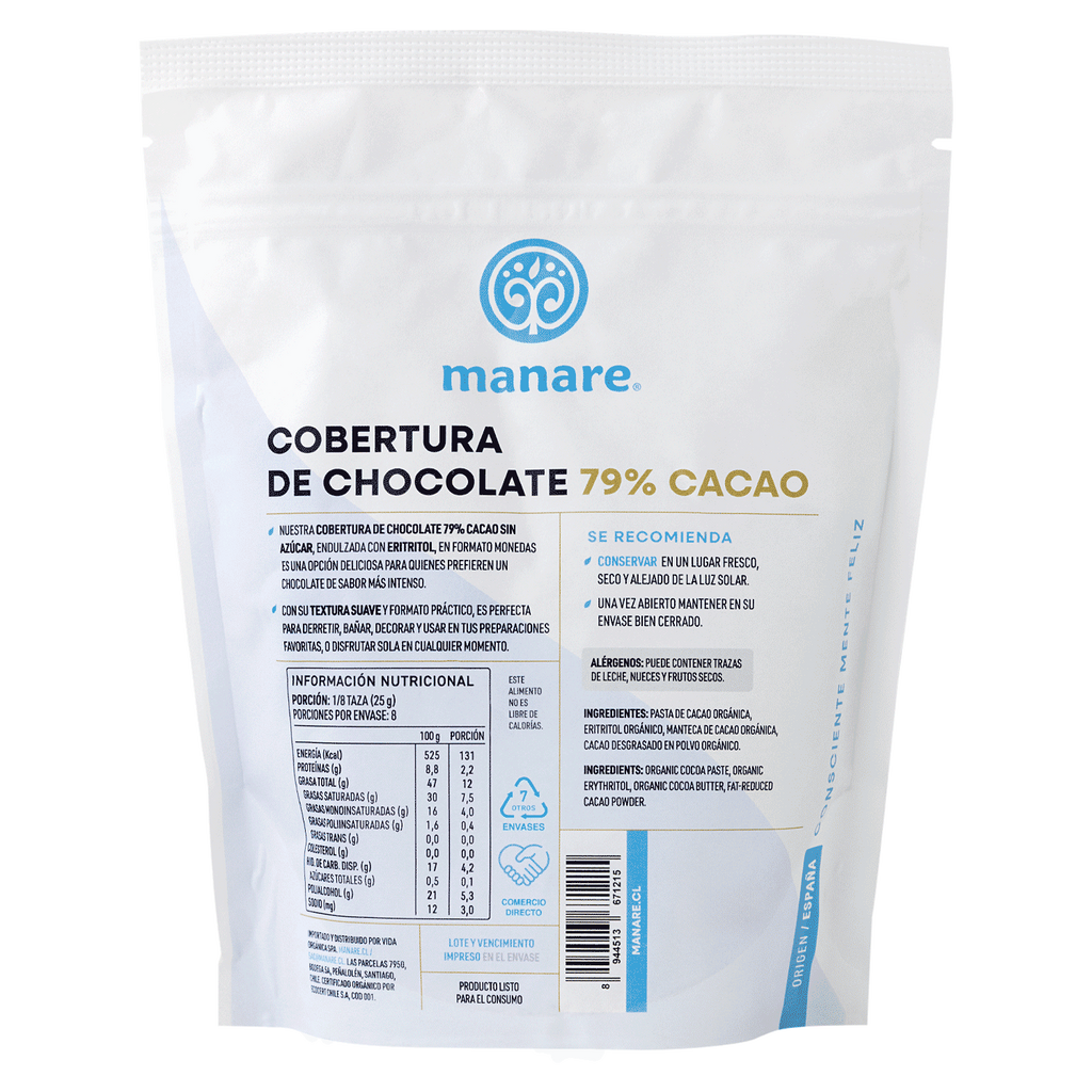 Cobertura Chocolate Organico sin Azucar 79% Cacao 200 GR MANARE
