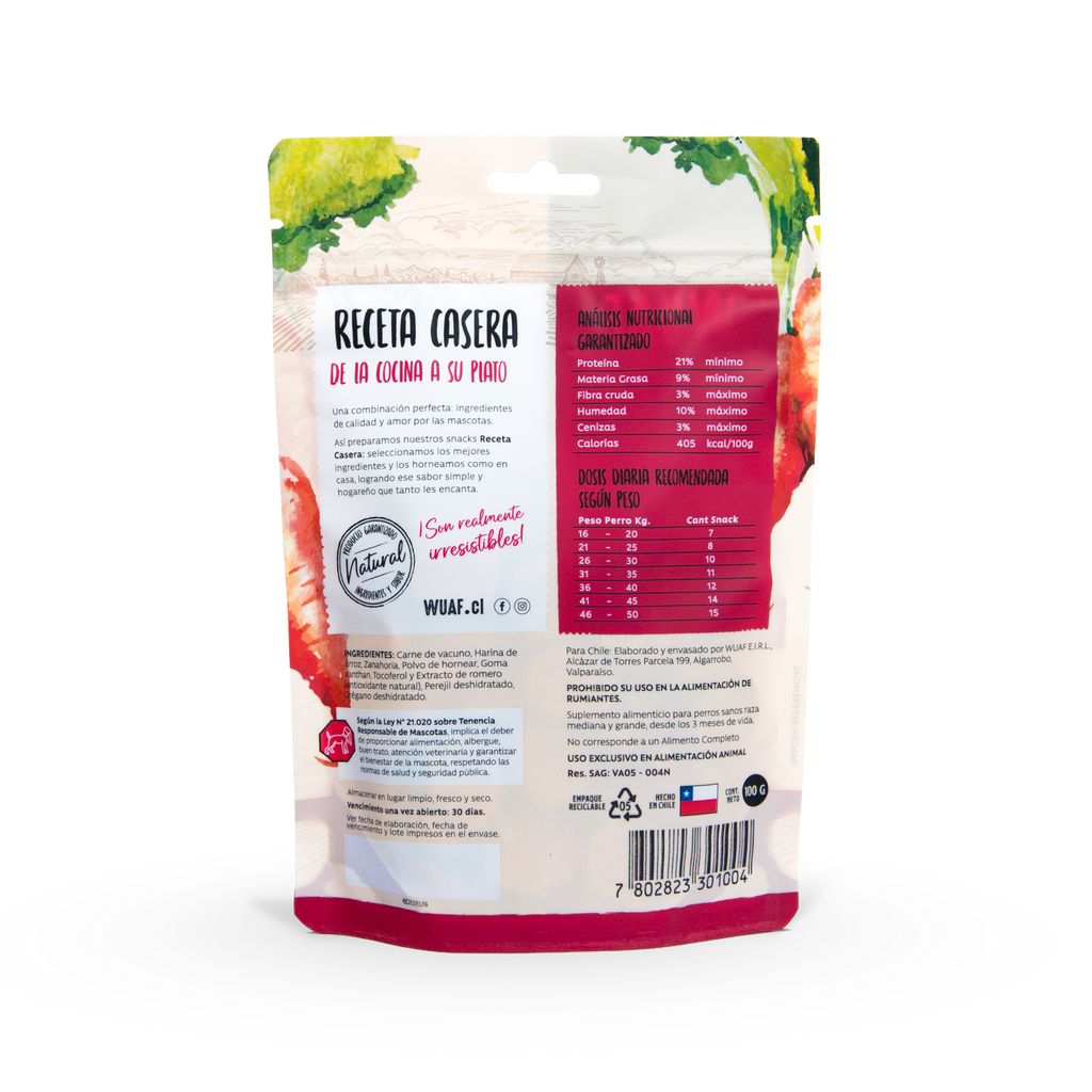 Snack para Perros Carne Zanahoria Wuaf 100Gr
