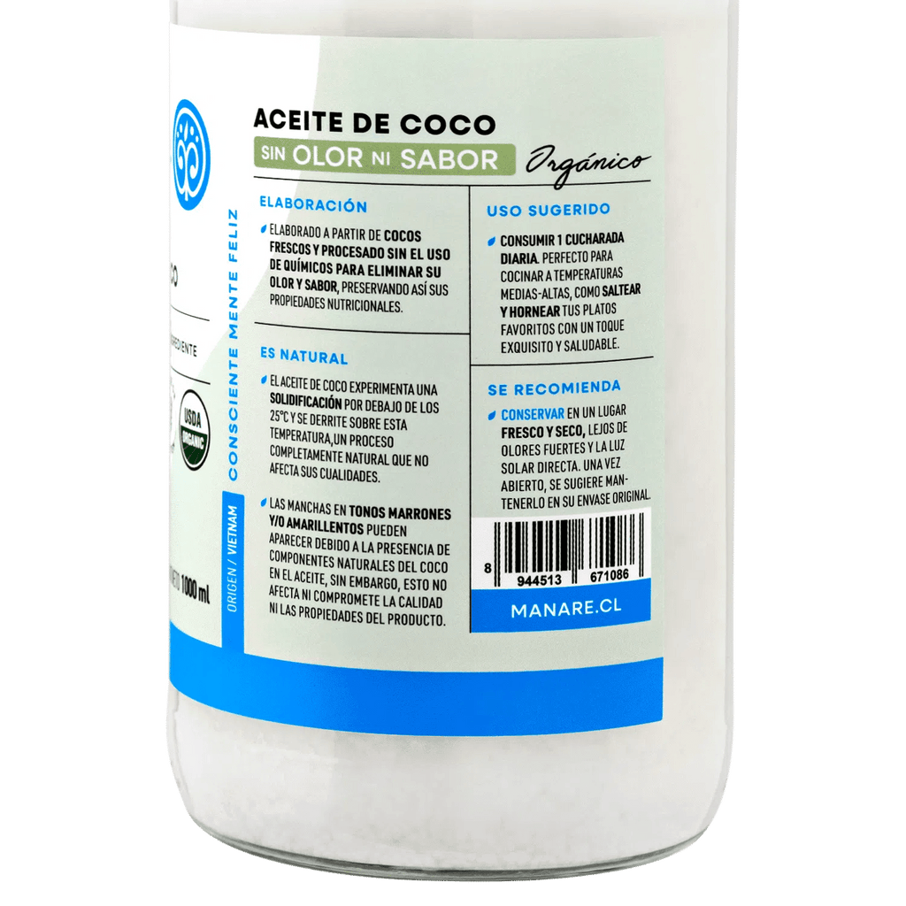 Aceite de coco org Sin Olor 1 L Manare - MANARE - Aldea Nativa
