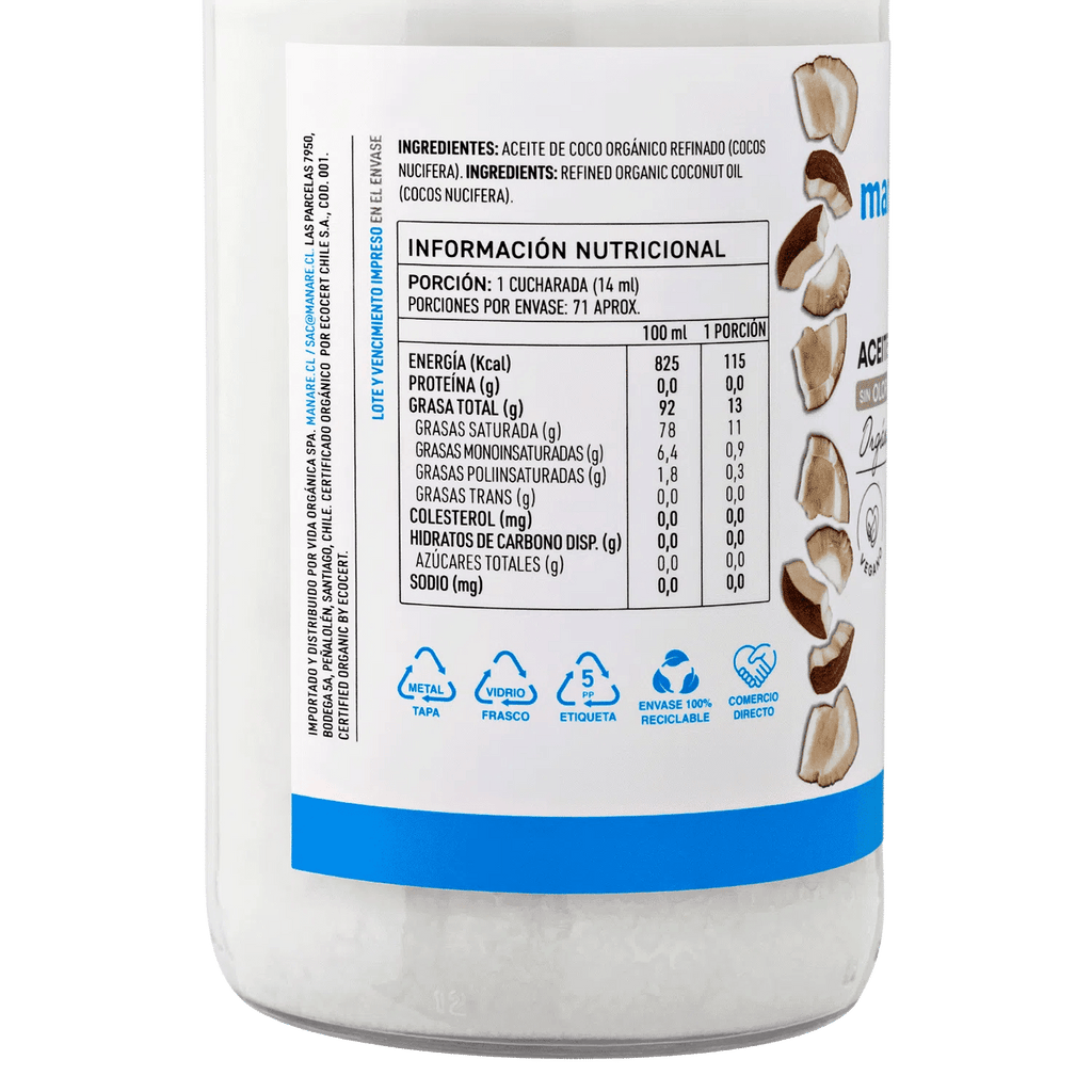 Aceite de coco org Sin Olor 1 L Manare - MANARE - Aldea Nativa