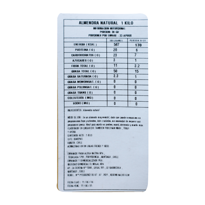 Almendra Natural Aldea Nativa 1 Kg - ALDEA NATIVA - Aldea Nativa