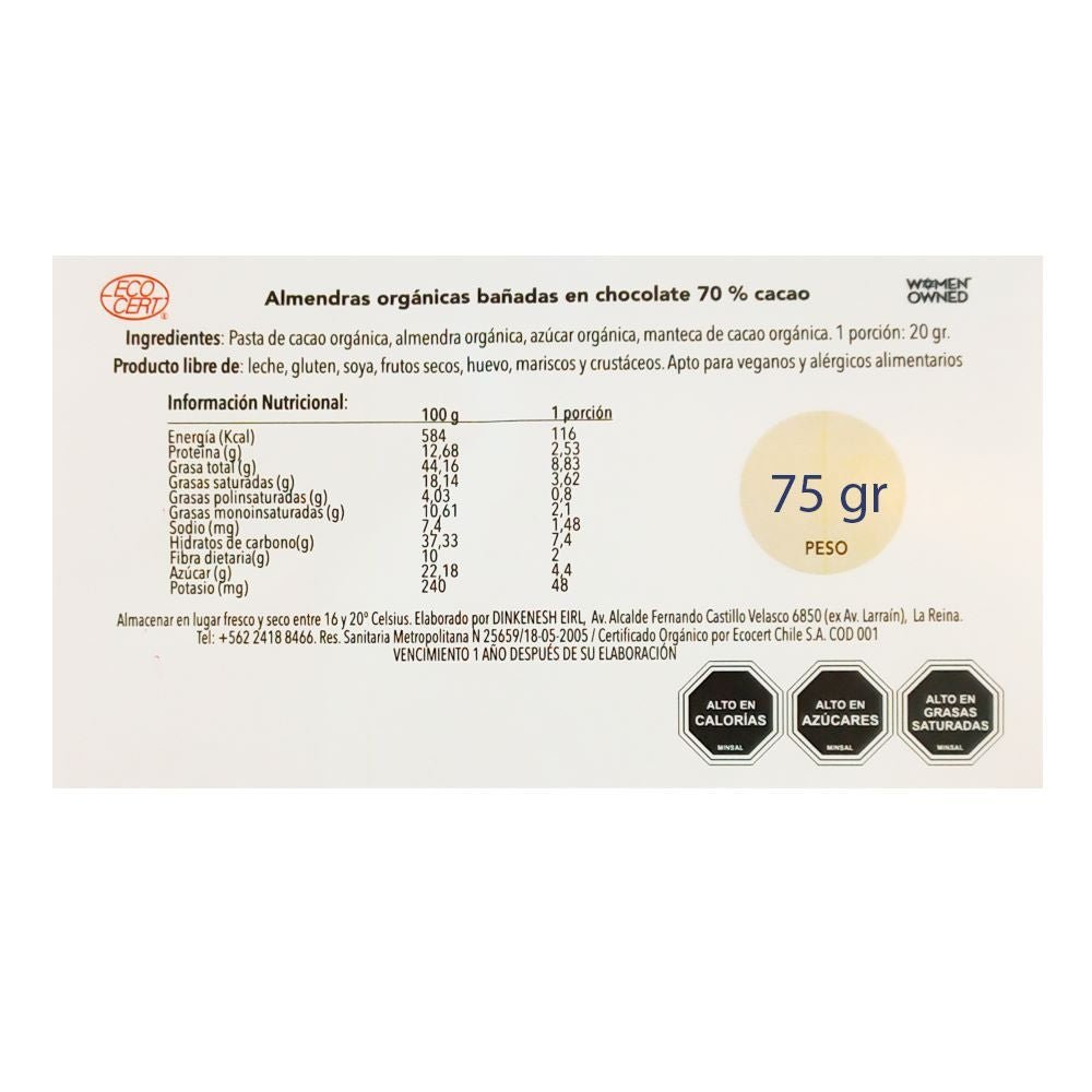Almendras Bañadas En Chocolate 70% Cacao Dinkenesh 75 Gr - Aldea Nativa