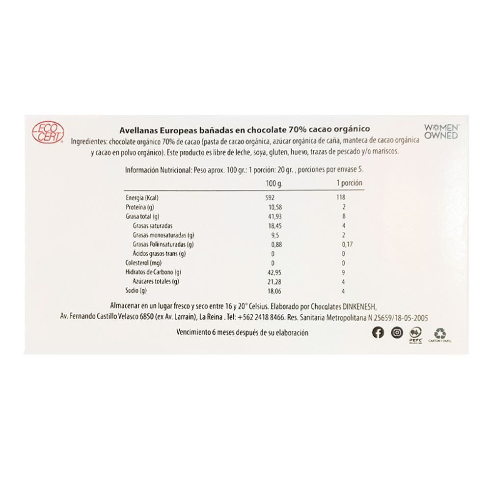 Avellanas Bañadas En Chocolate 70% Cacao Dinkenesh 100 Gr - Aldea Nativa