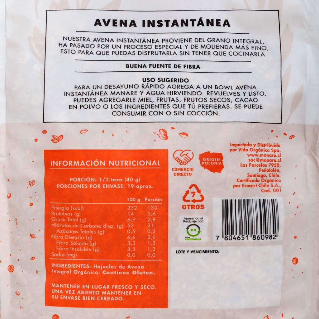 Avena instantanea Integral org 750 gr Manare - MANARE - Aldea Nativa