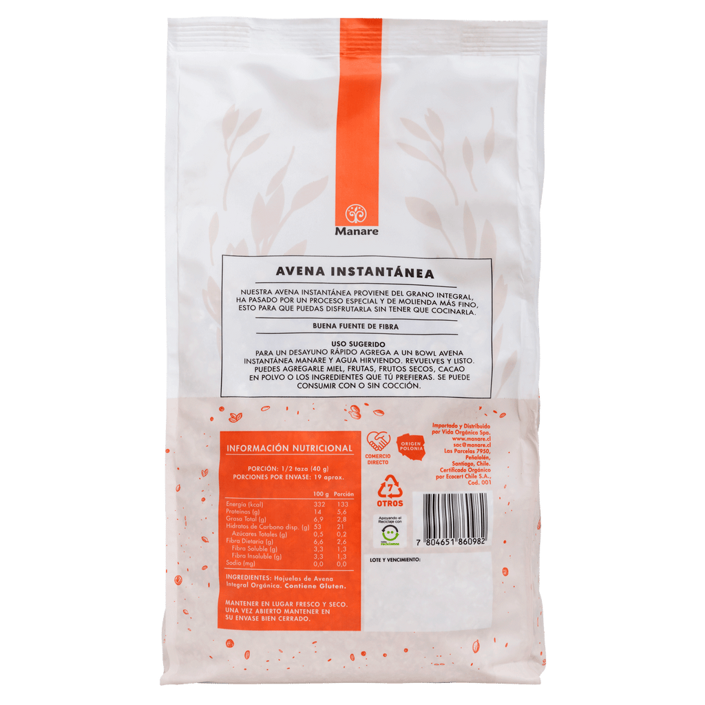 Avena instantanea Integral org 750 gr Manare - MANARE - Aldea Nativa