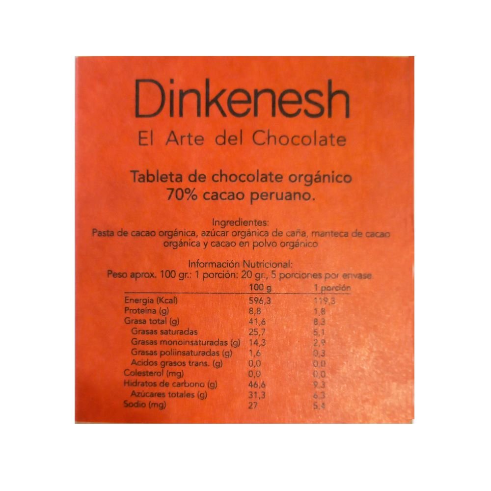 Barra de Chocolate 70% Cacao Dinkenesh 100 Gr - DINKENESH - Aldea Nativa