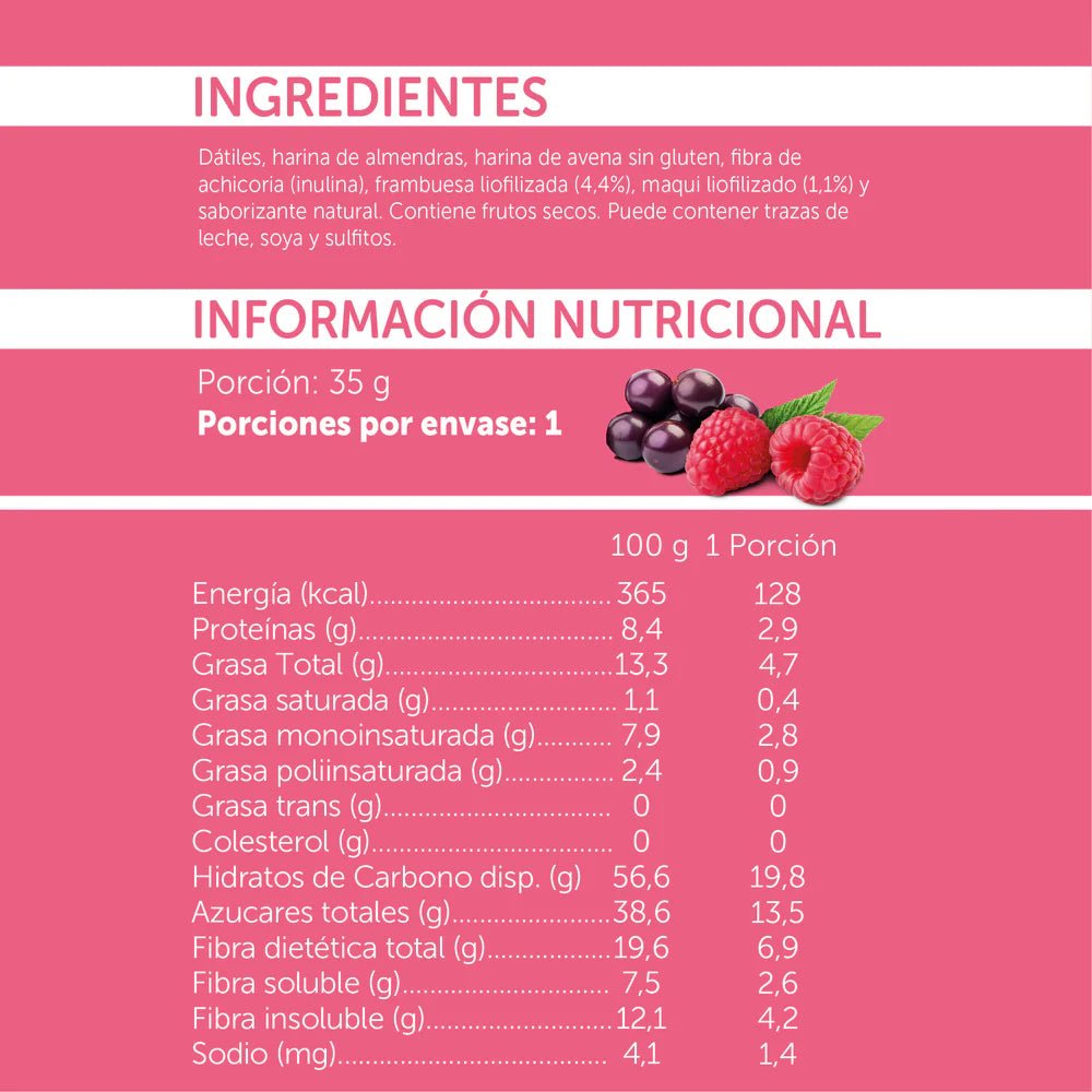 Barrita frambuesa Maqui fibra prebiotica 35 gr Mizos - MIZOS - Aldea Nativa