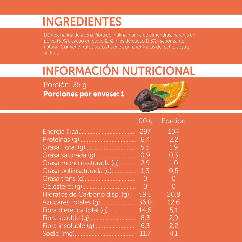 Barrita naranja cacao Fibra prebiotica 35 gr Mizos - MIZOS - Aldea Nativa