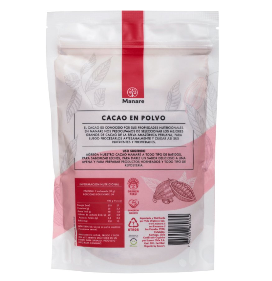 Cacao Polvo Org Raw Manare 200 Gr - MANARE - Aldea Nativa