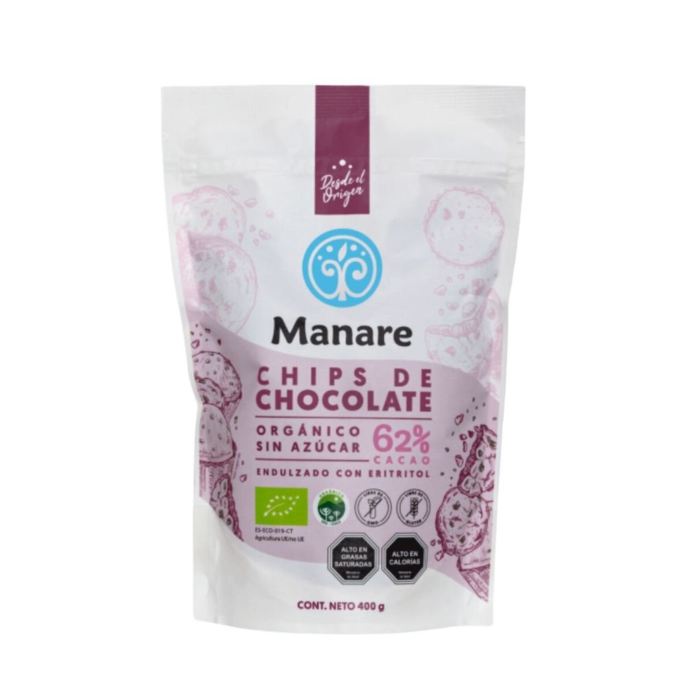 Chips Chocolate Sin Azucar 62% Cacao Org Manare 400 Gr - MANARE - Aldea Nativa