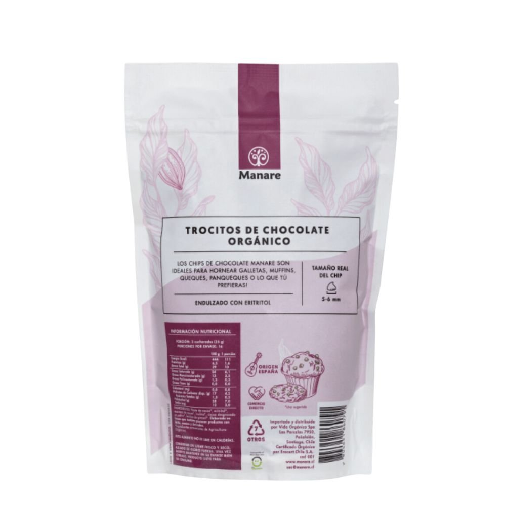 Chips Chocolate Sin Azucar 62% Cacao Org Manare 400 Gr - MANARE - Aldea Nativa