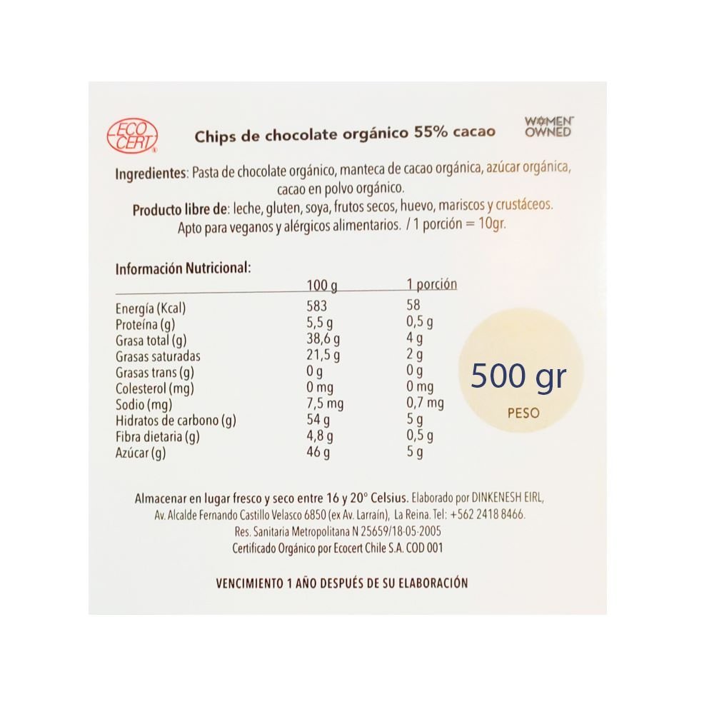 Chips De Chocolate 55% Cacao 500 Gr - DINKENESH - Aldea Nativa