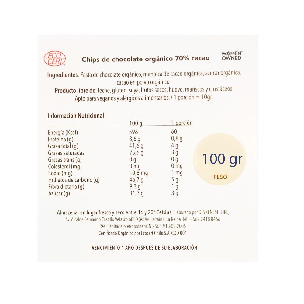 Chips de Chocolate 70% Cacao Dinkenesh 100 Gr - Aldea Nativa