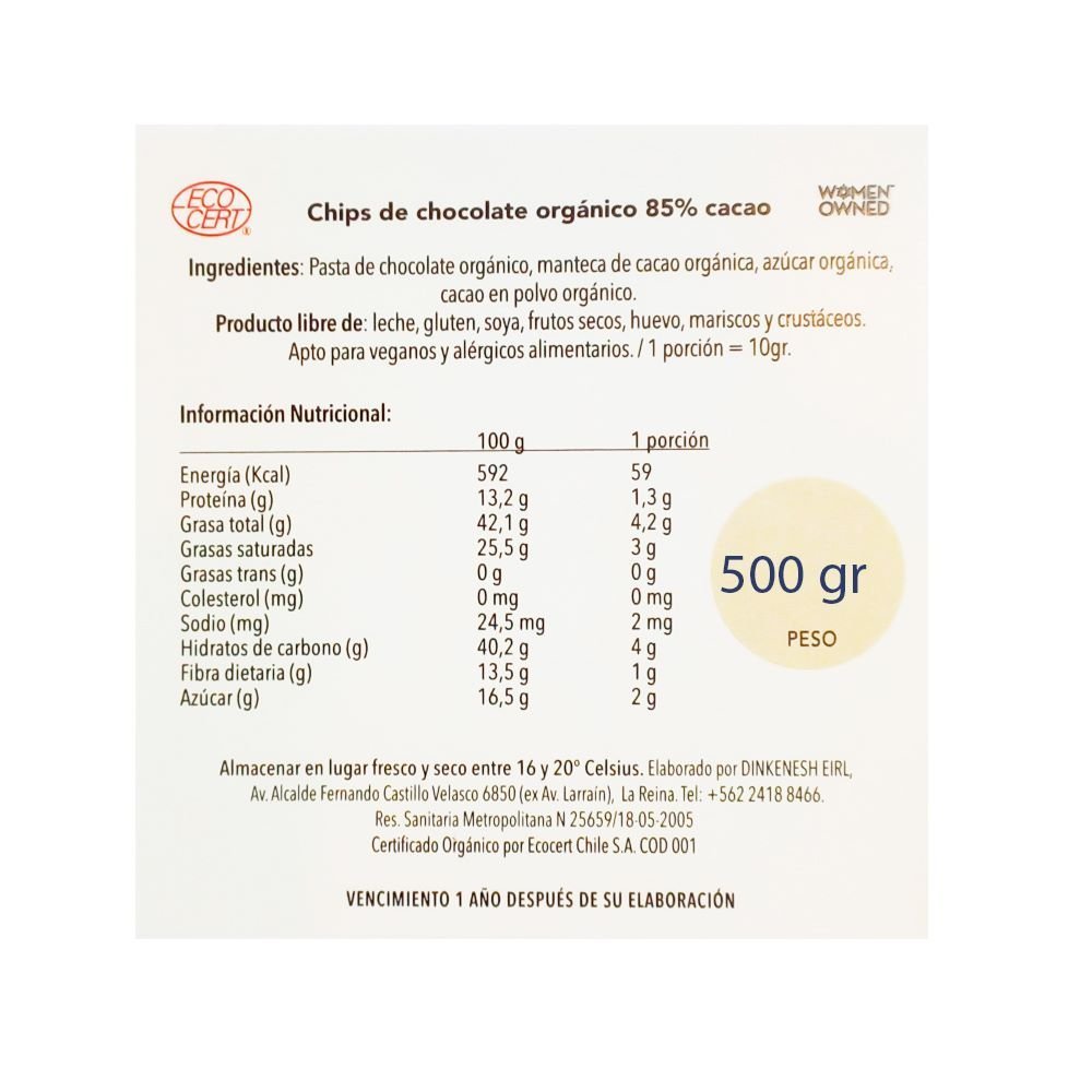 Chips de Chocolate 85% Cacao Dinkenesh 500 Gr - DINKENESH - Aldea Nativa