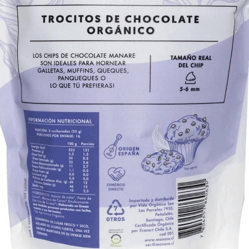 Chips de Chocolate Orgánico 52% Manare 400 Gr - MANARE - Aldea Nativa