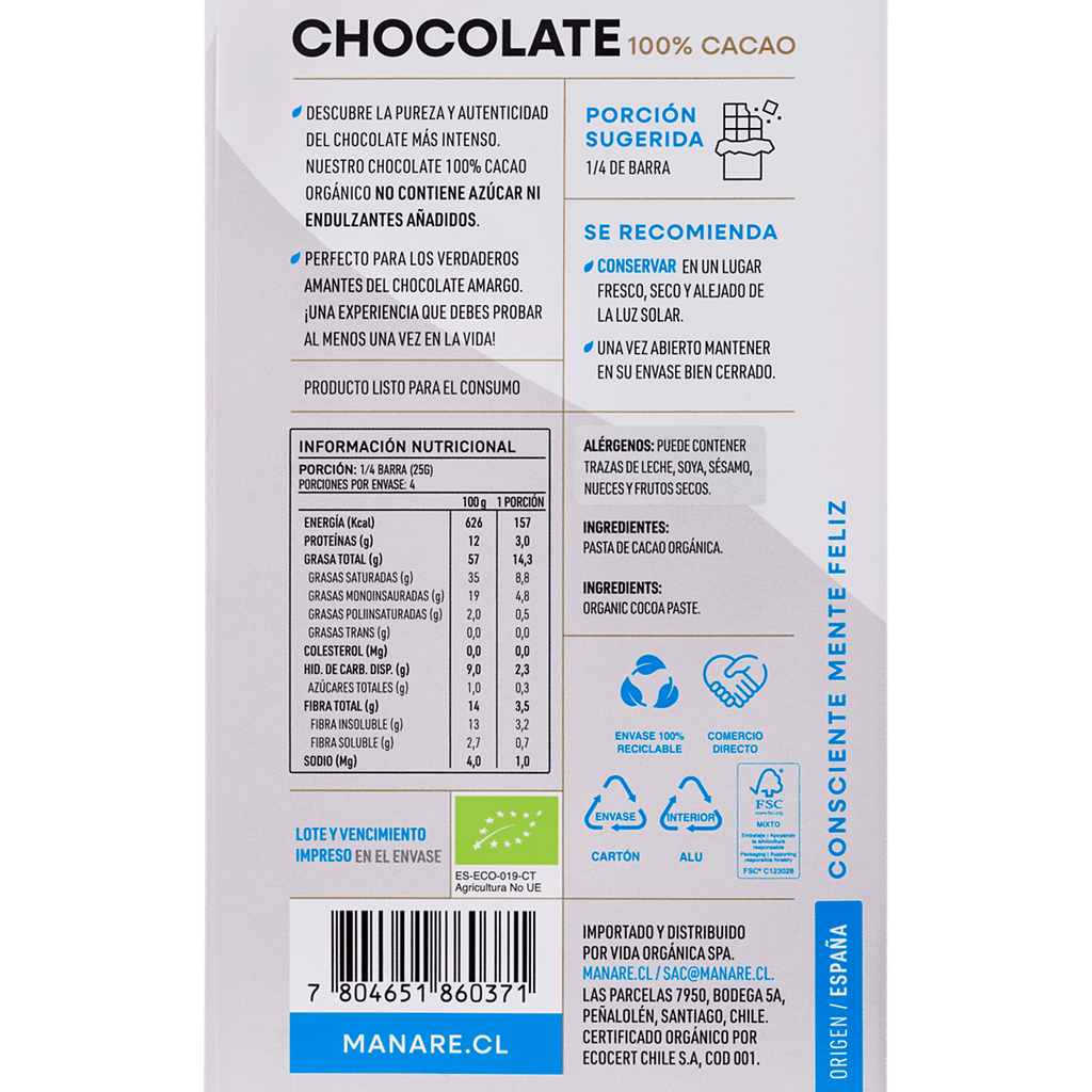 Chocolate 100% Cacao Manare 100 Gr - MANARE - Aldea Nativa