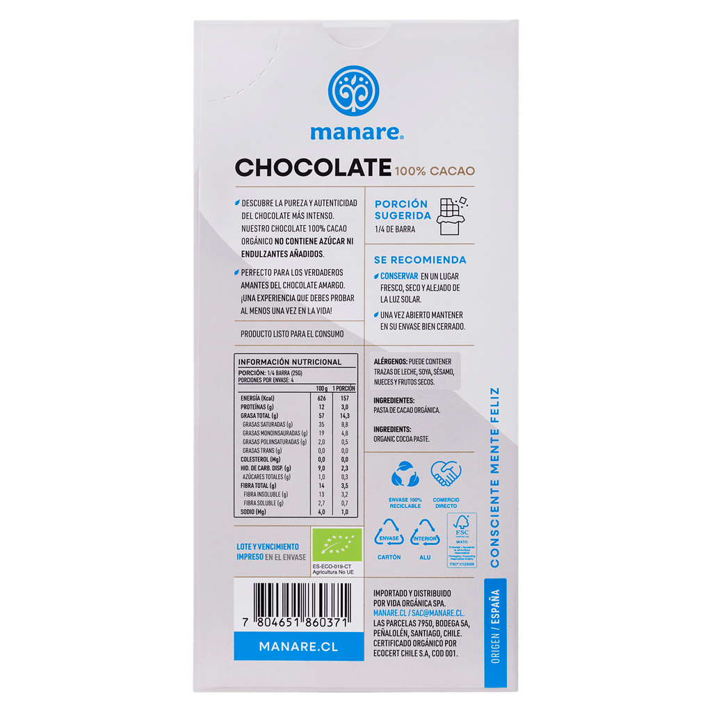 Chocolate 100% Cacao Manare 100 Gr - MANARE - Aldea Nativa