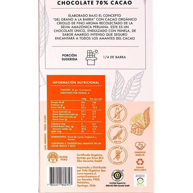 Chocolate 70% Cacao Manare 100 Gr - Aldea Nativa