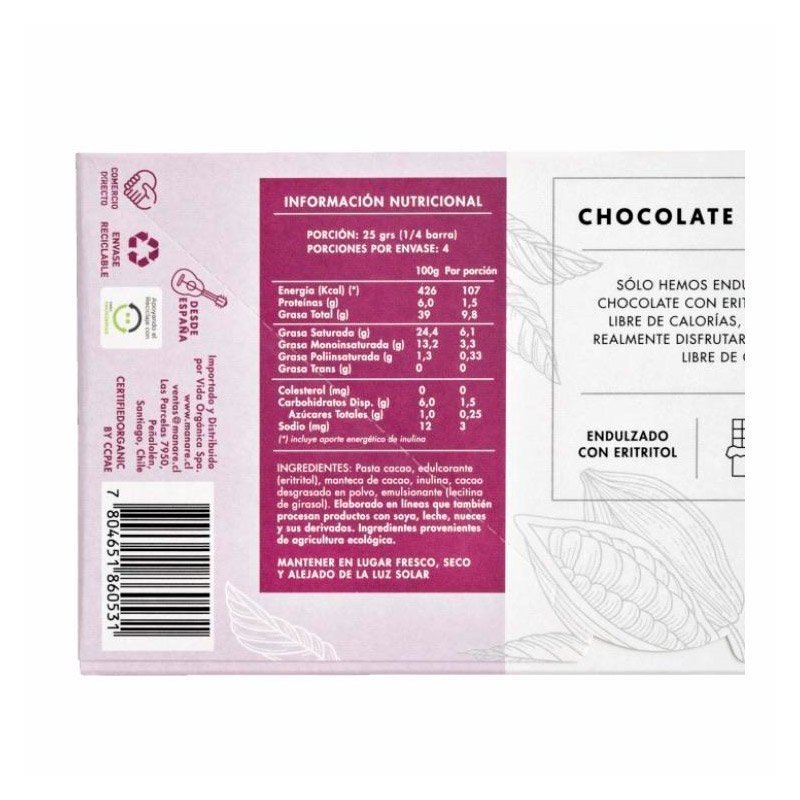 Chocolate Sin Azucar 62% Cacao Manare 100 Gr - Aldea Nativa