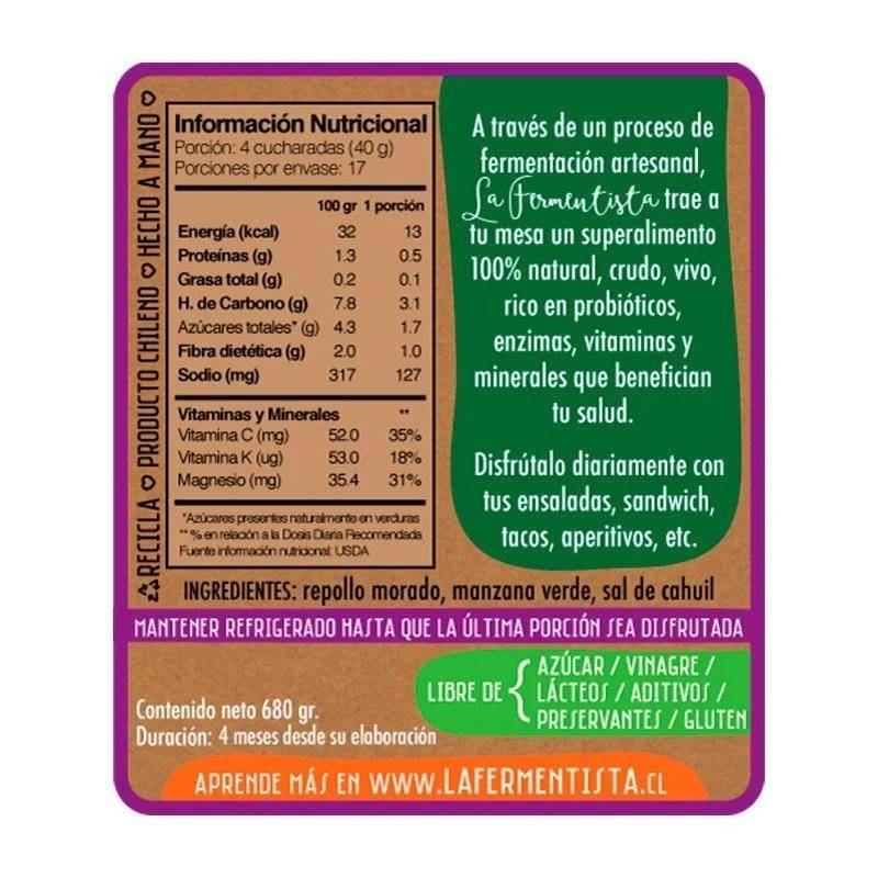 Chucrut Repollo Morado La Fermentista 680 Gr - LA FERMENTISTA - Aldea Nativa