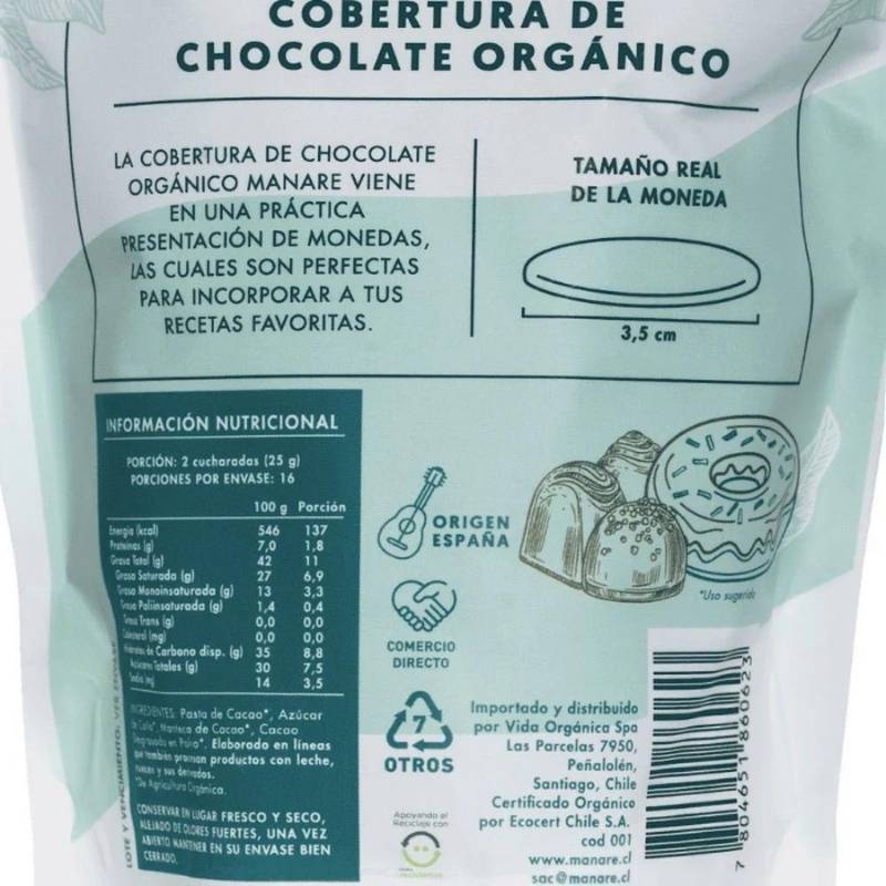 Cobertura Chocolate Orgánica 70% Manare 400 Gr - MANARE - Aldea Nativa