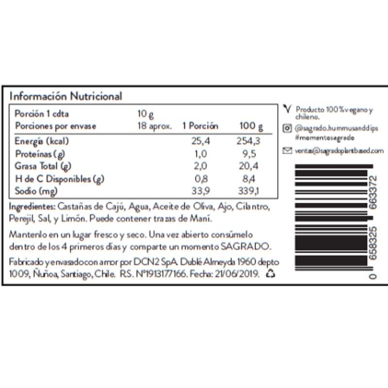 Dip Salsa Verde SaGrado Hummus&Dips 180 Gr - SAGRADO HUMMUS&DIPS - Aldea Nativa