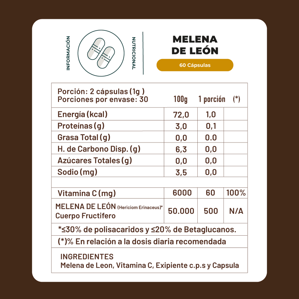 Melena de leon Hongo 60 cap Karun Life - KARUN LIFE - Aldea Nativa