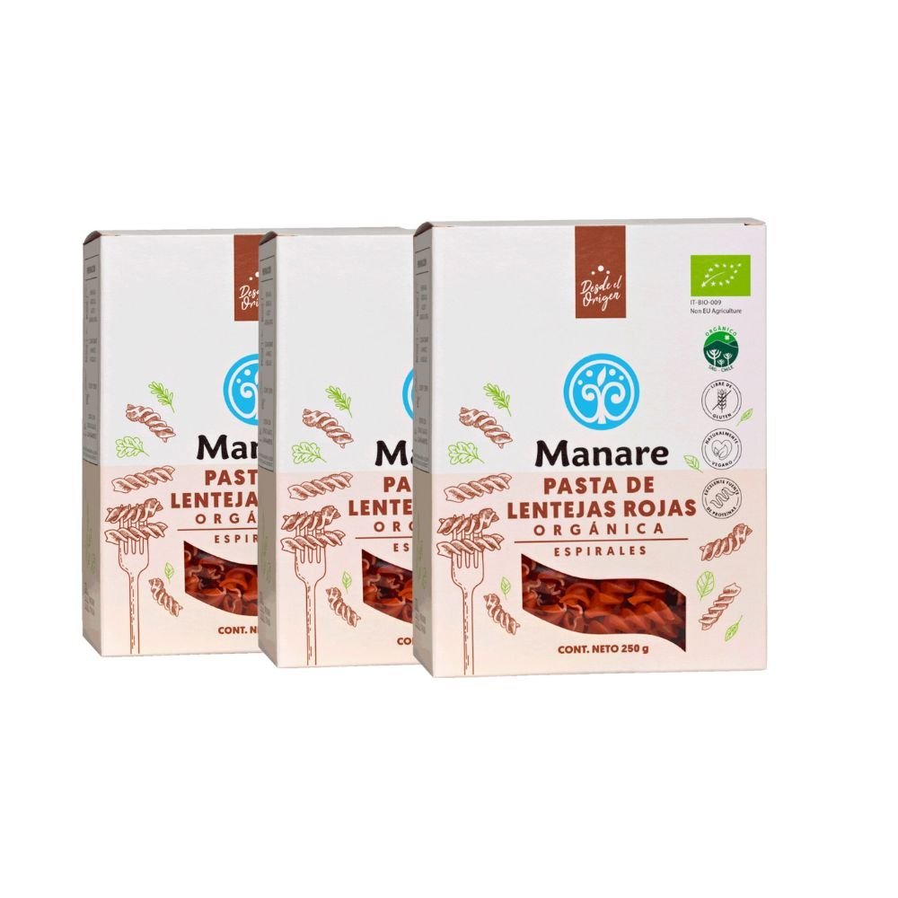 Pack 3 Espirales Lenteja Roja Org Manare 250 Gr - MANARE - Aldea Nativa