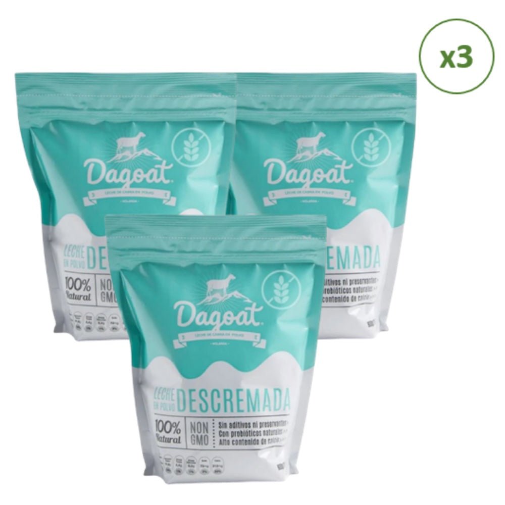Pack 3 Leches de Cabra descremada Dagoat 900 Gr - DAGOAT - Aldea Nativa