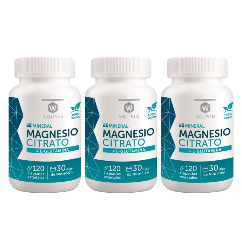 Pack 3 Magnesio Citrato + l glutamina 120 cap Wellplus