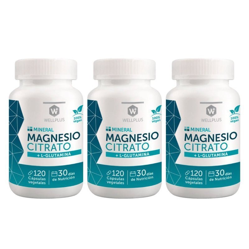 Pack 3 Magnesio Citrato + l glutamina 120 cap Wellplus - WELLPLUS - Aldea Nativa