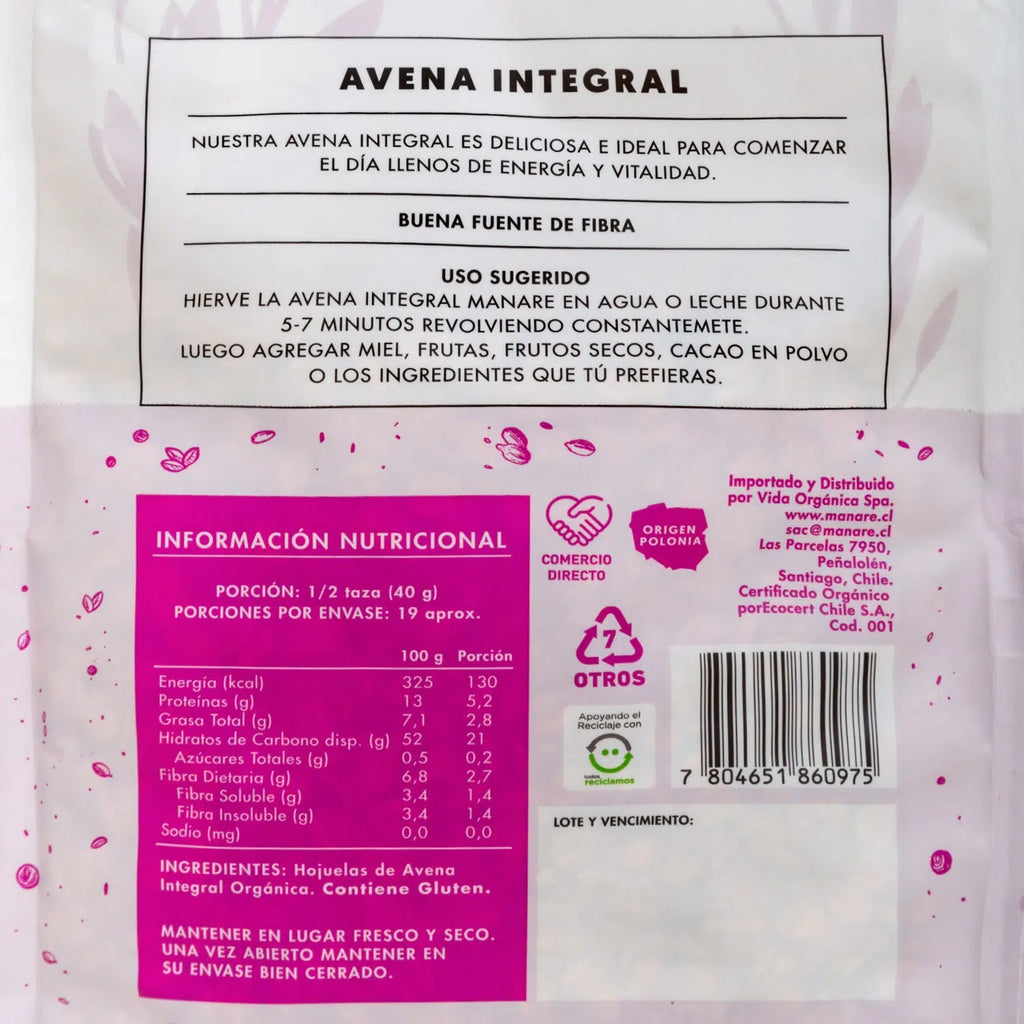 Pack 5 Avena Instantanea InteGral Org Manare 750 gr - MANARE - Aldea Nativa