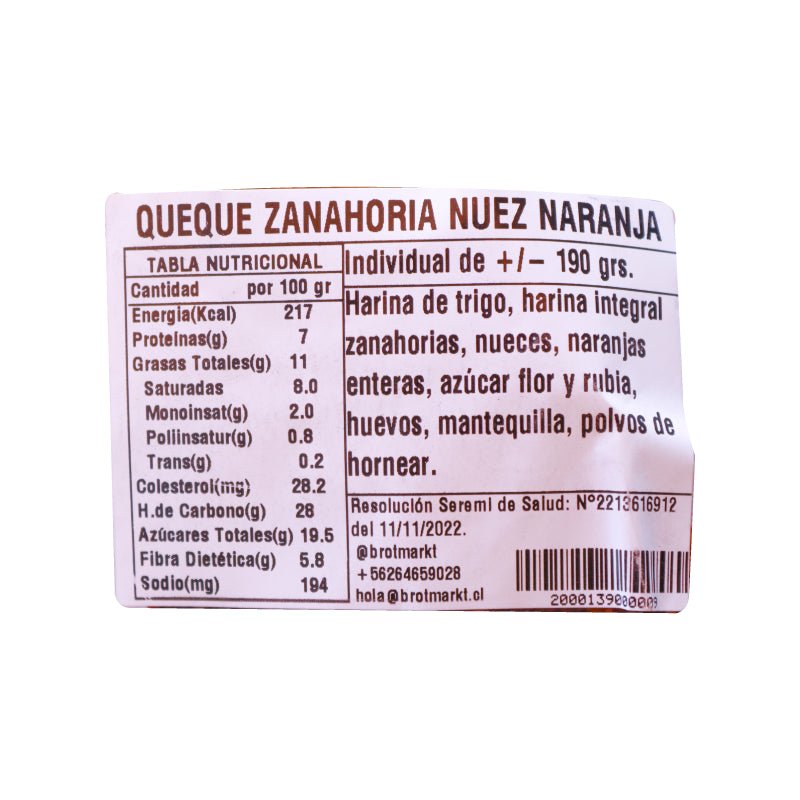 Queque individual Zanahoria Nuez Naranja Brotmarkt 190 gr - BROTMARKT - Aldea Nativa