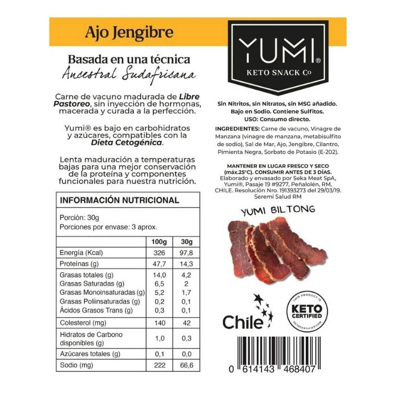 Snack Carne Sabor Ajo Jengibre Yumi Keto Snack 75 Gr (Fecha Venc. 21/06) - YUMI KETO SNACK - Aldea Nativa