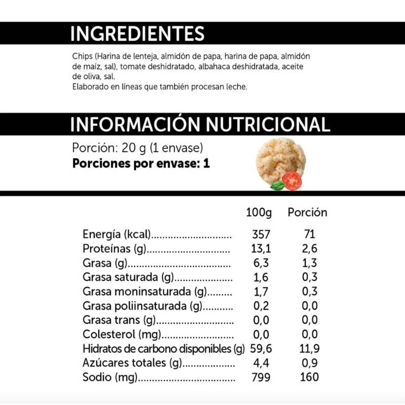 Snack de Lentejas Popped Chips Lentejas Tomate Albahaca Mizos 20 Gr - MIZOS - Aldea Nativa