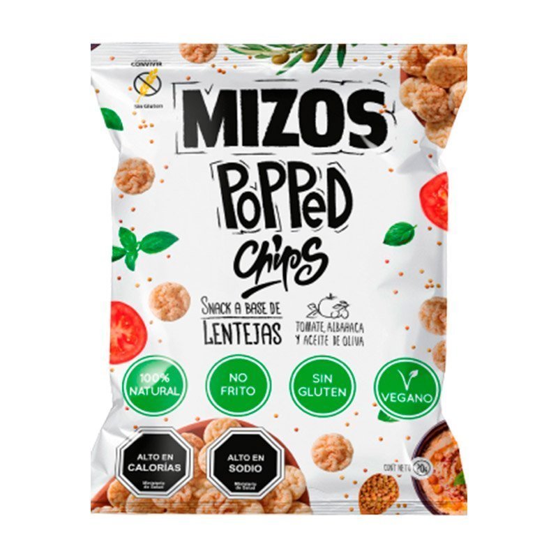 Snack de Lentejas Popped Chips Lentejas Tomate Albahaca Mizos 20 Gr - MIZOS - Aldea Nativa