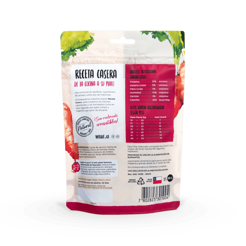 Snack para Perros Carne Zanahoria Wuaf 100Gr - WUAF - Aldea Nativa