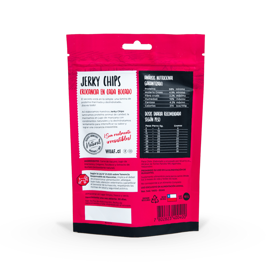 Snack para Perros Jerky Chips Carne Oregano Wuaf 40Gr - WUAF - Aldea Nativa
