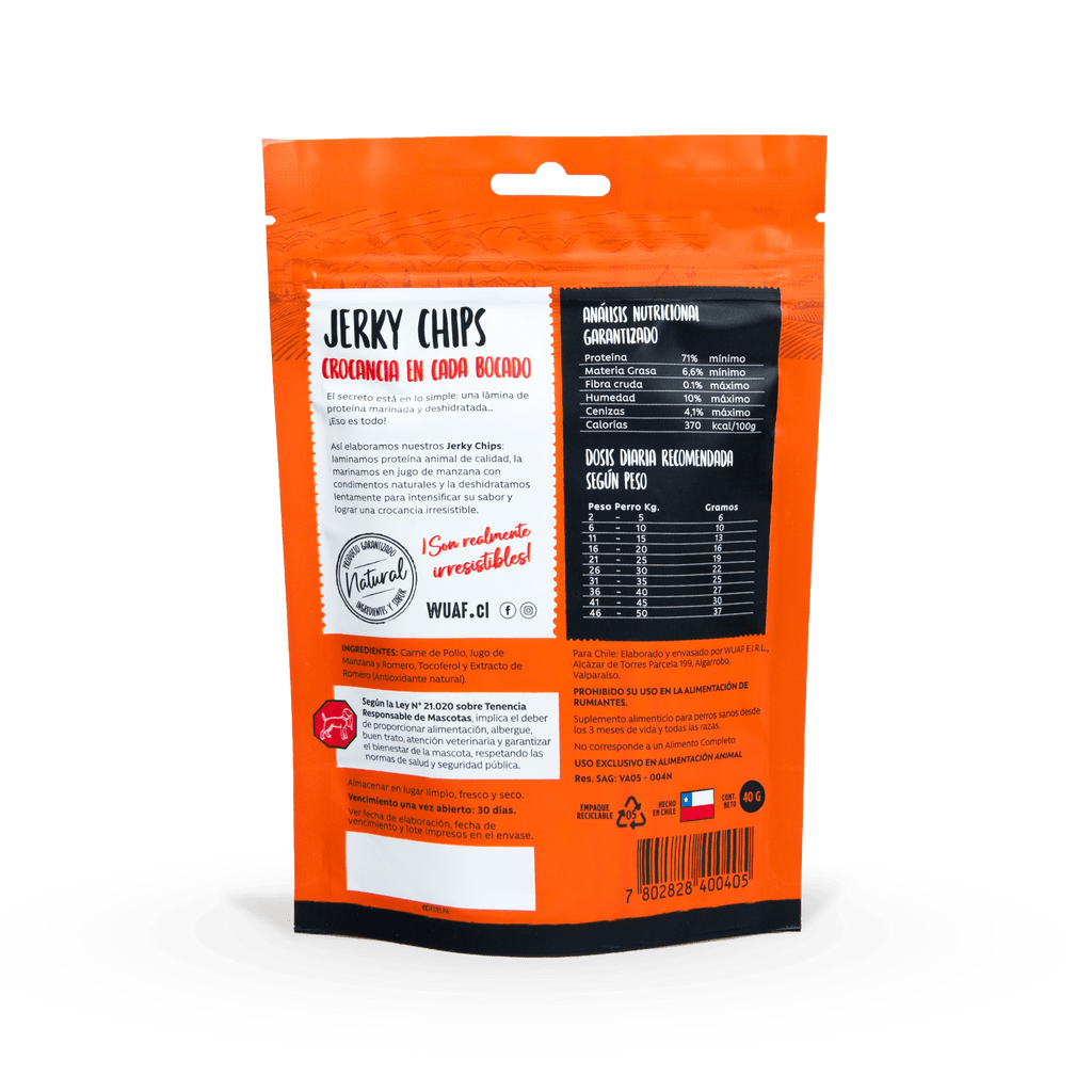 Snack para Perros Jerky Chips Pollo Romero Wuaf 40Gr - WUAF - Aldea Nativa