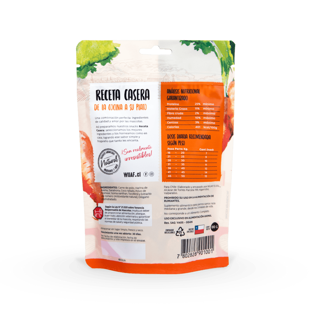 Snack para Perros Pollo Zanahoria Wuaf 100Gr - WUAF - Aldea Nativa