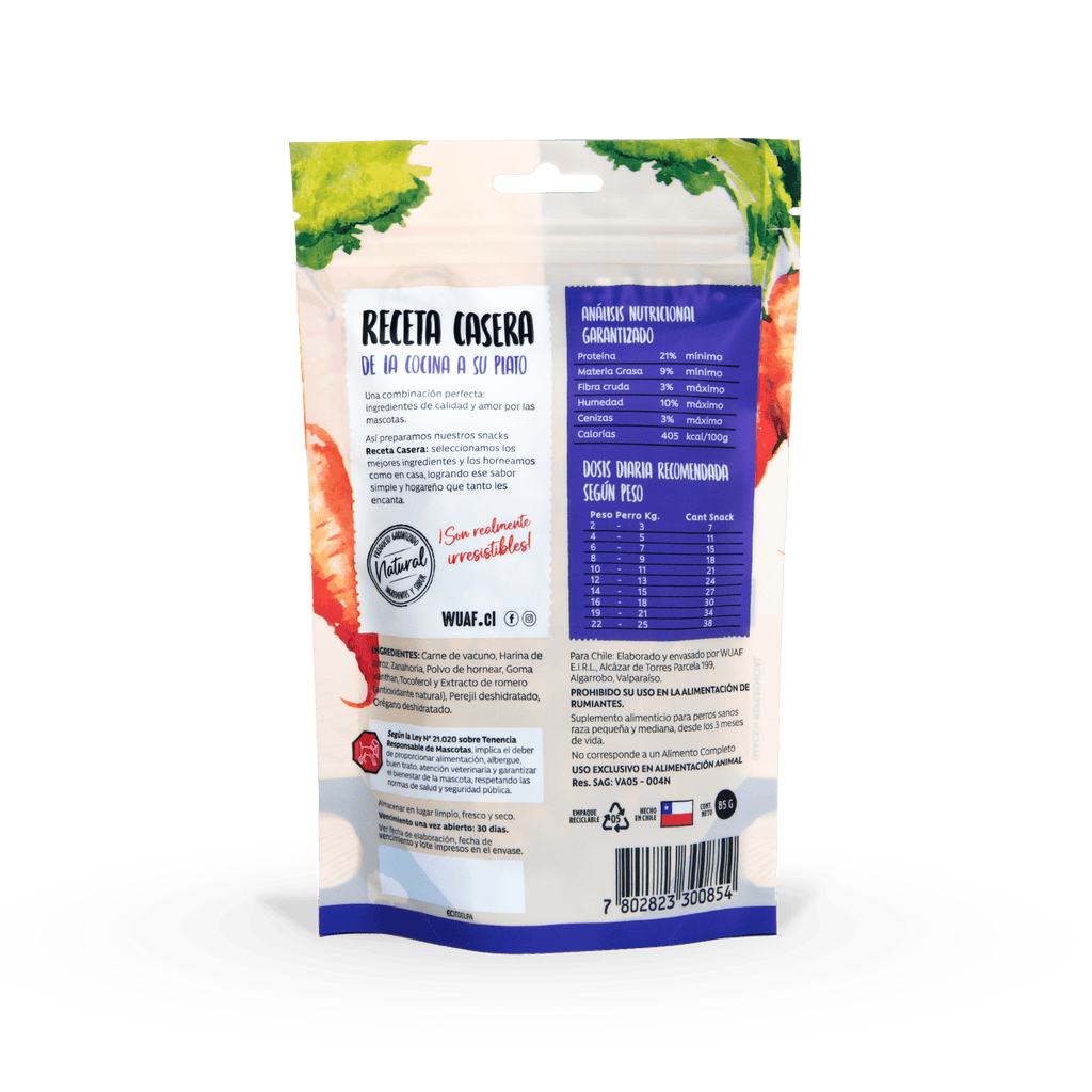 Snack razas pequeñas Wuaf Carne Zanahoria 85 gr WUAF - WUAF - Aldea Nativa