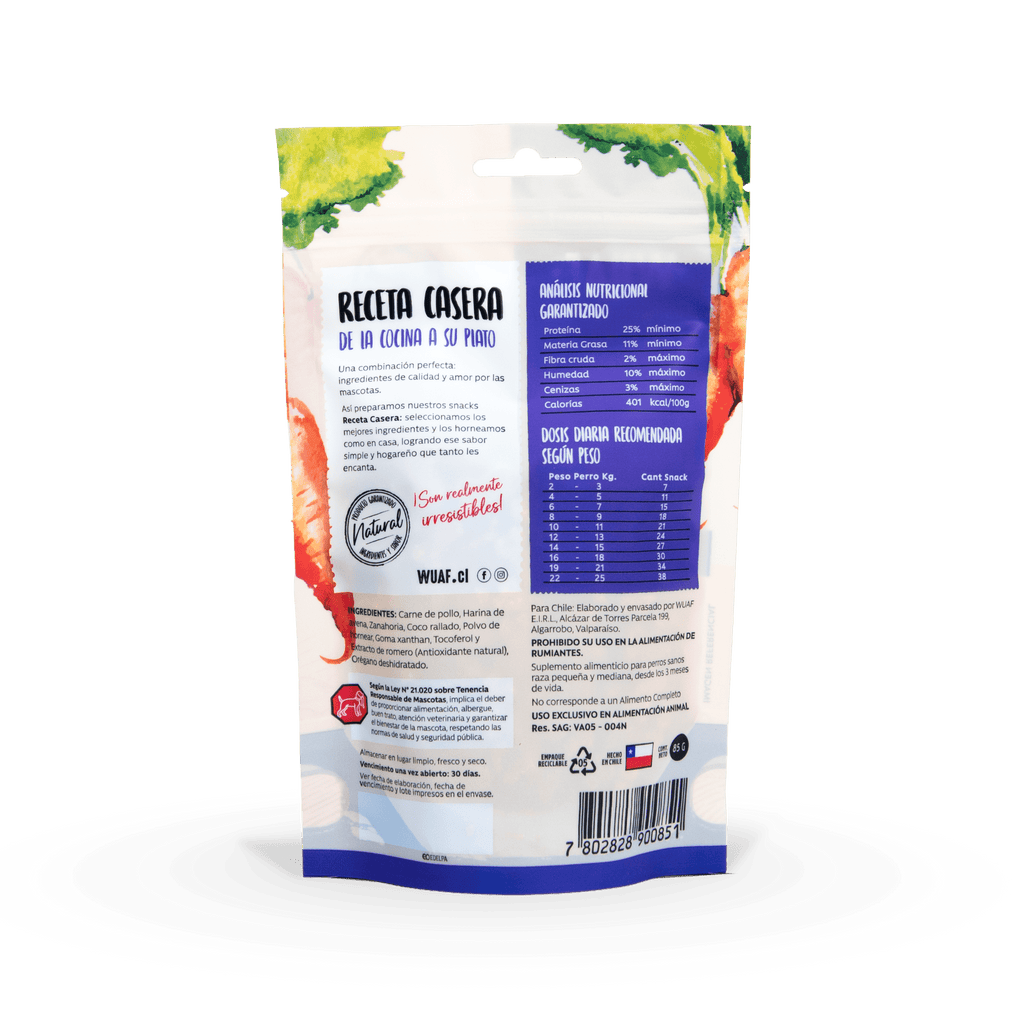 Snack razas pequeñas WUAF Pollo Zanahoria 85 Gr WUAF - WUAF - Aldea Nativa