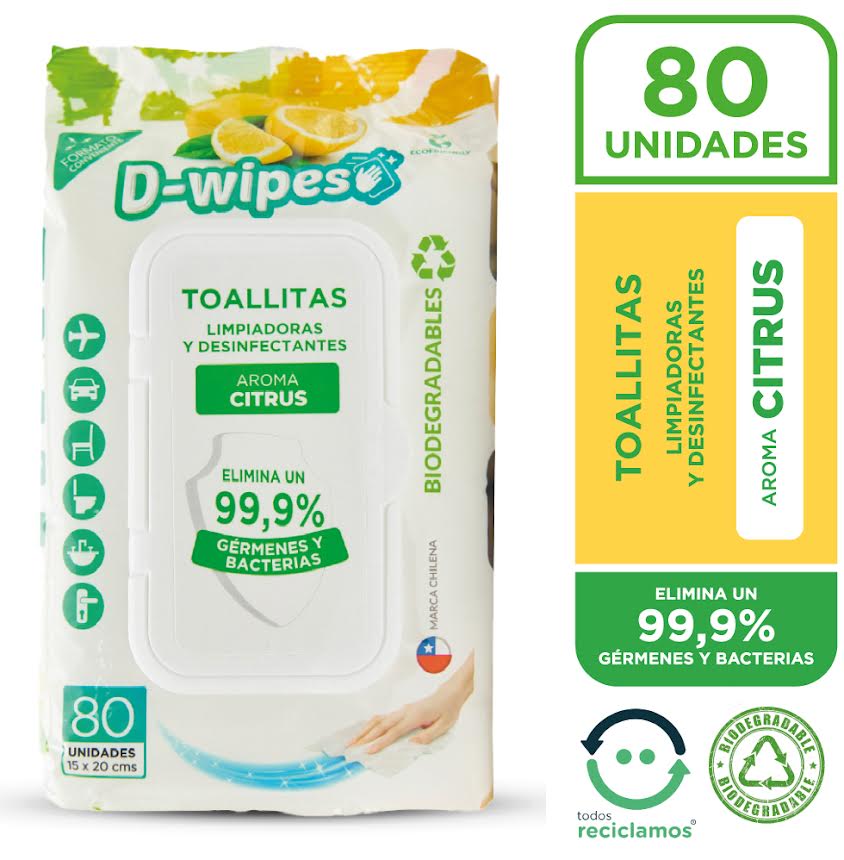 Toallas desinfectantes citrus biodegradables 80 Un D - WIPES - D - WIPES - Aldea Nativa